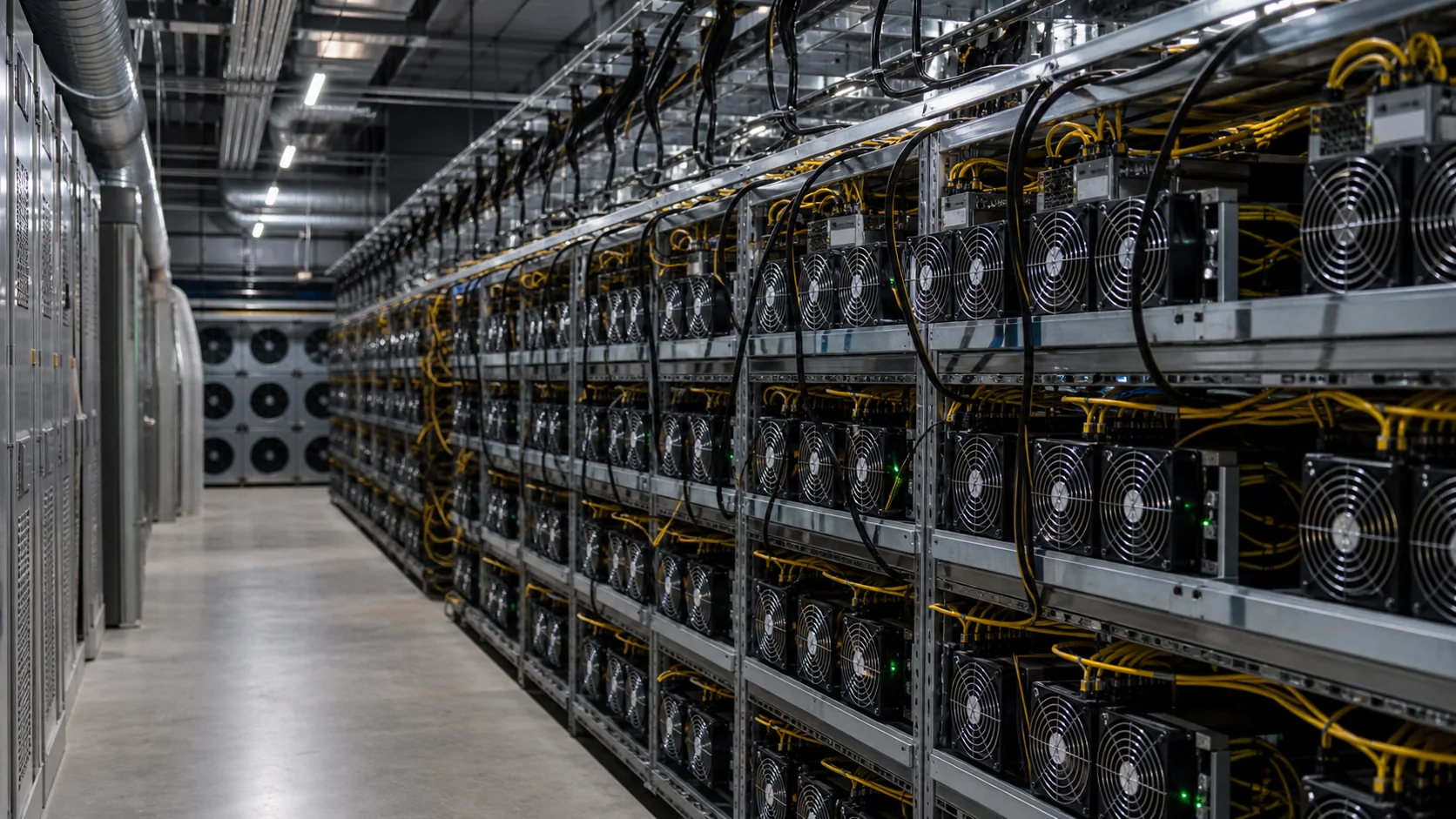 ASIC mining machines in an industrial facility with visible power and ventilation
