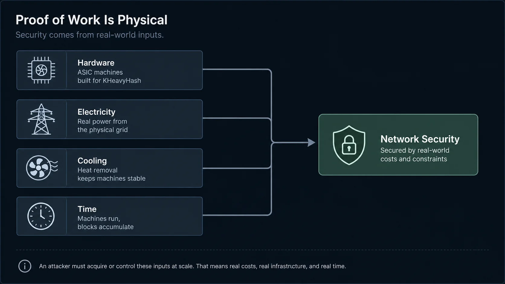 Diagram showing hardware, electricity, cooling, and time feeding network security
