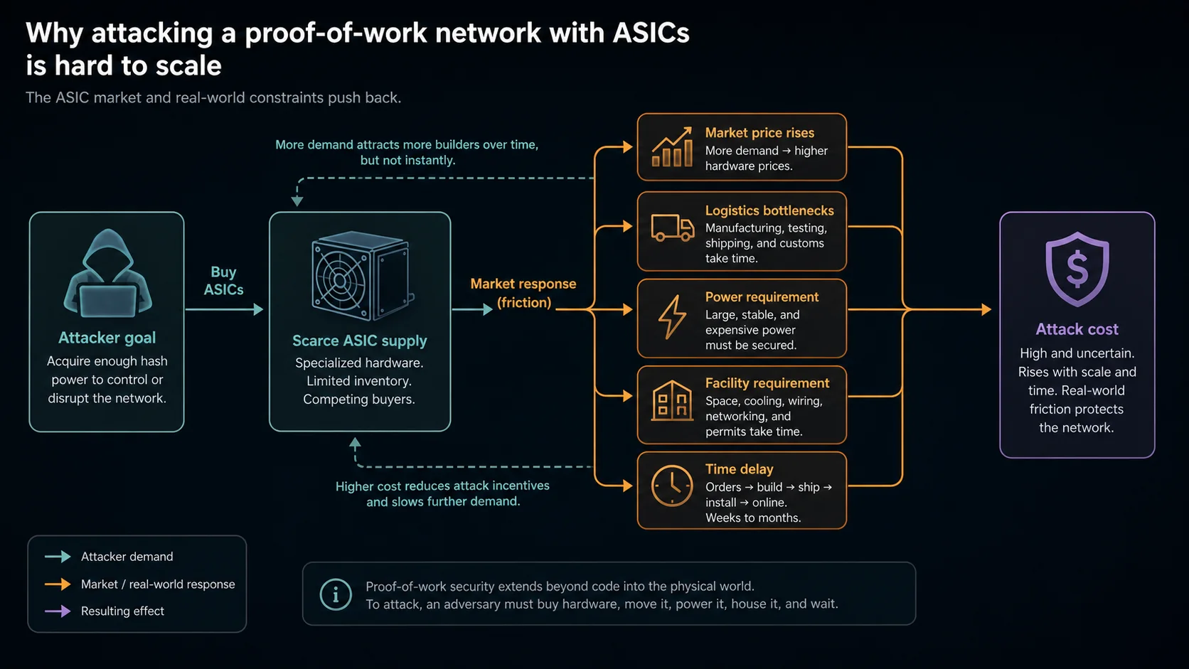 Diagram showing ASIC scarcity, power, facilities, logistics, and time raising attack cost