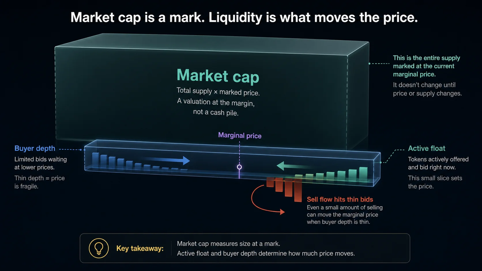 Diagram showing market cap as a marked price and active float as the part moving price