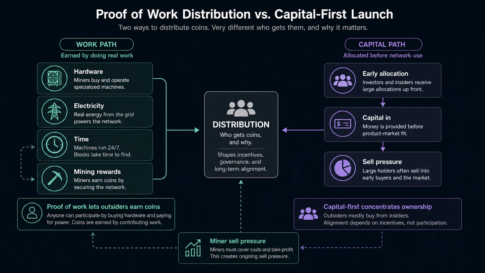 Diagram comparing proof-of-work distribution through work with capital-first early allocation