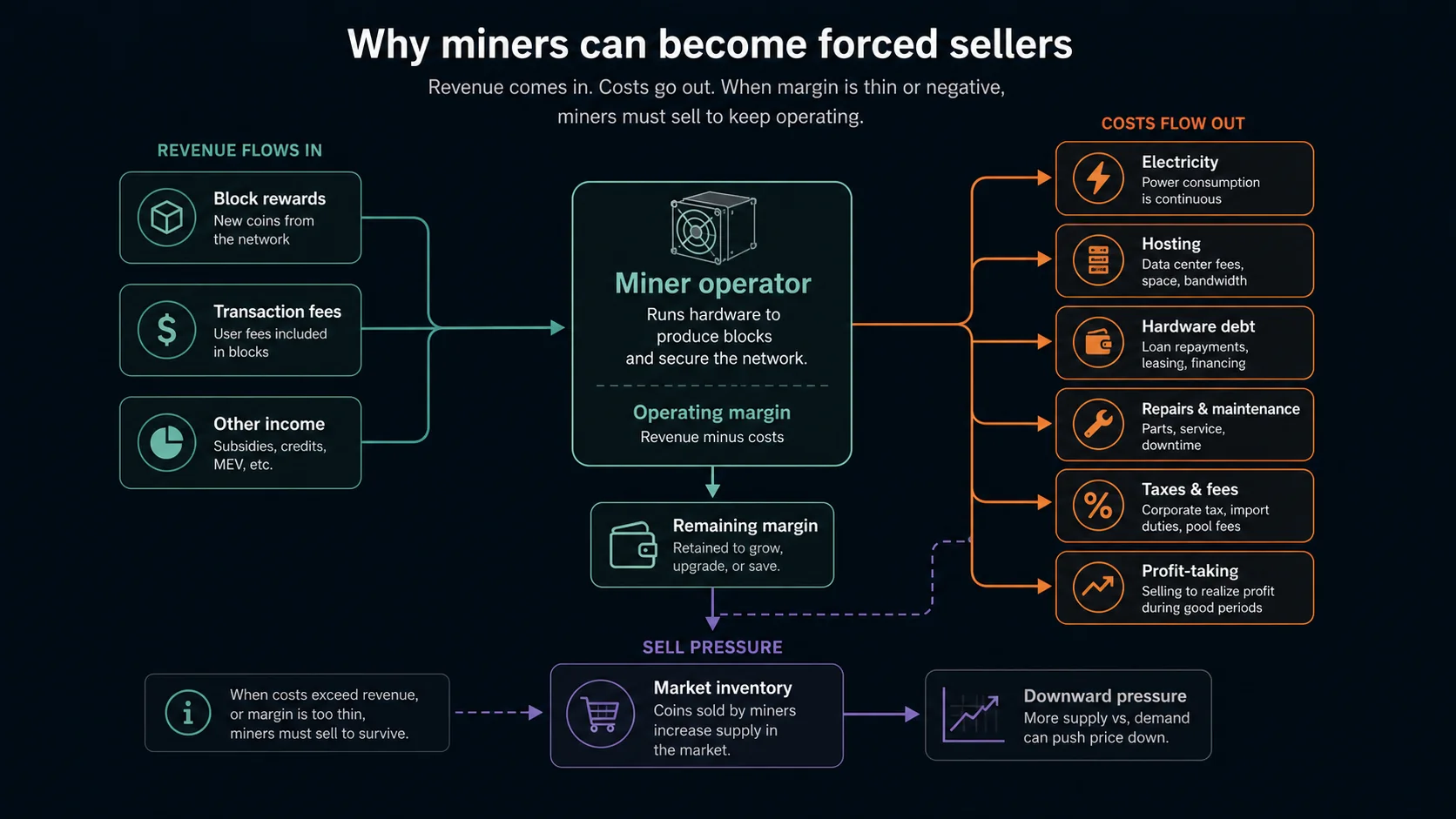 Diagram showing miner revenue, operating costs, sell pressure, and market inventory