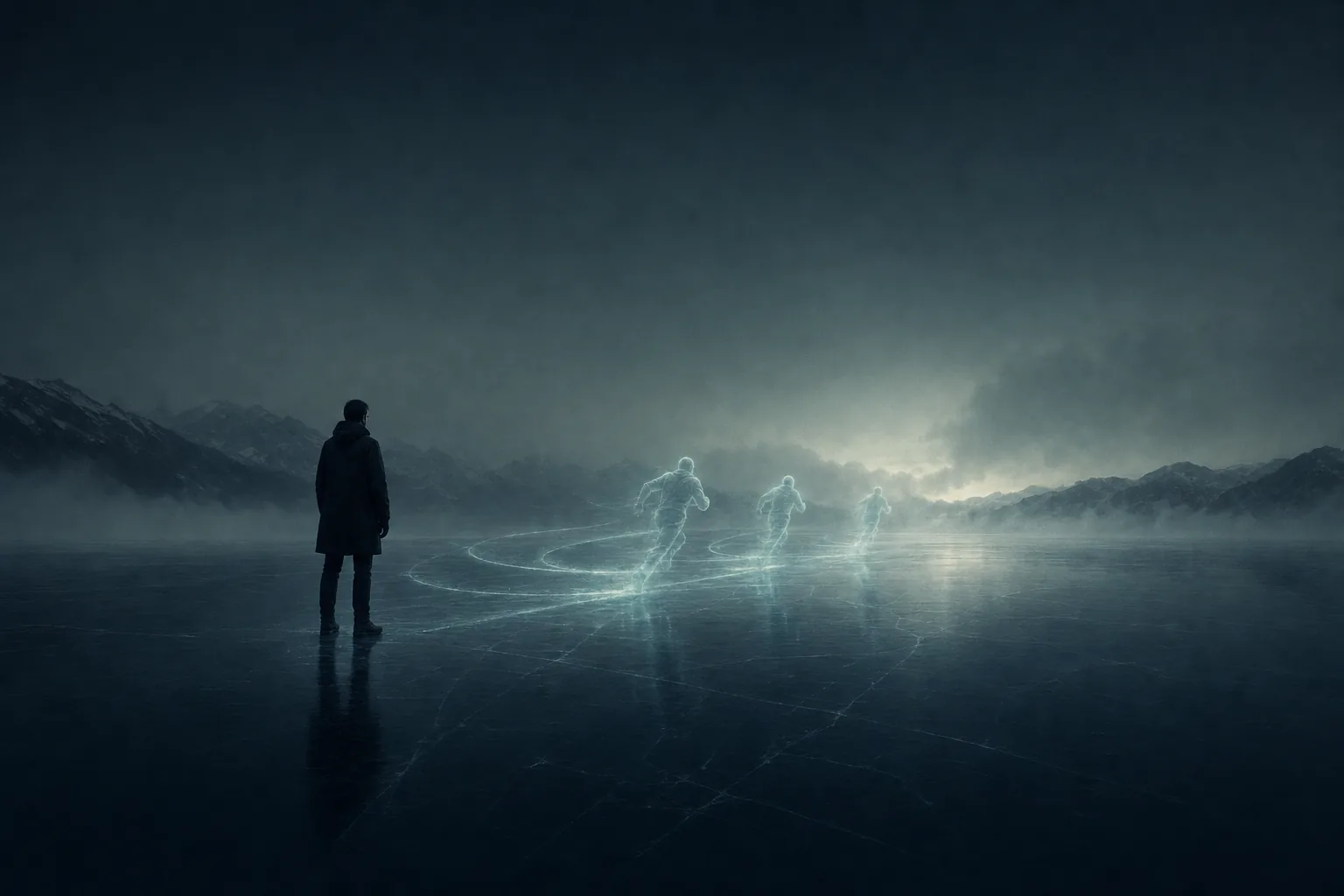 A lone figure standing still while faint versions of the figure run ahead into mist.