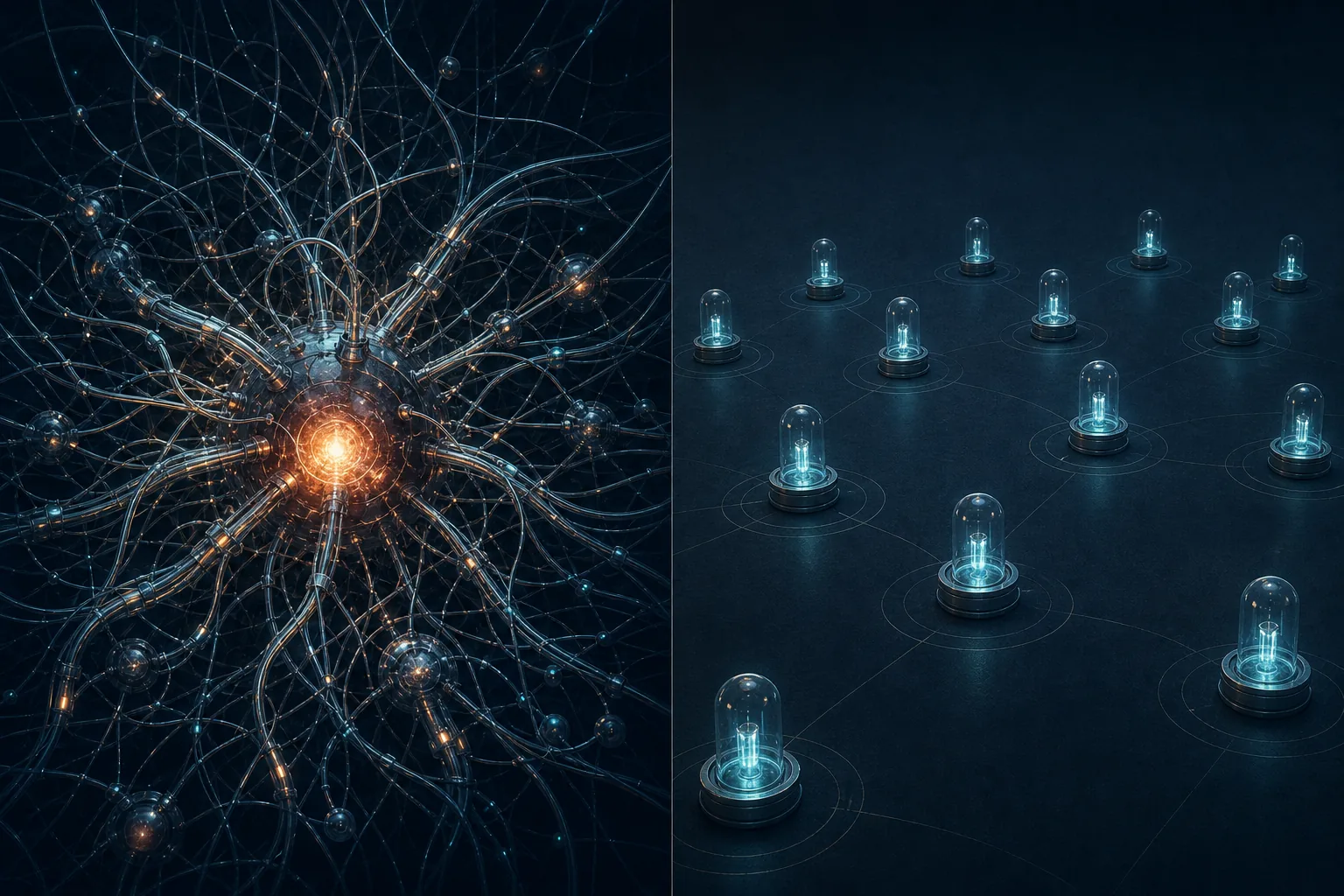 A dense shared-state network next to separated local cells.