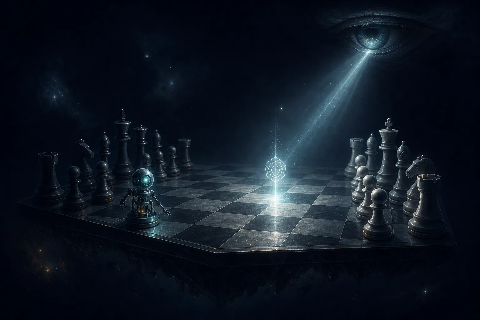 A chessboard under a verifier's beam with a hidden robotic piece.