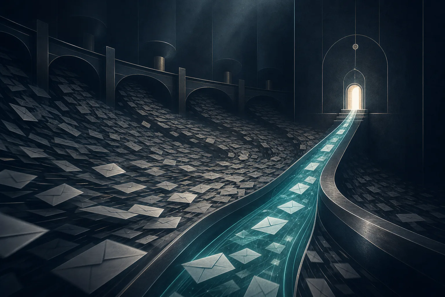 A glowing lane sorting one app's envelopes out of a flood of mail.