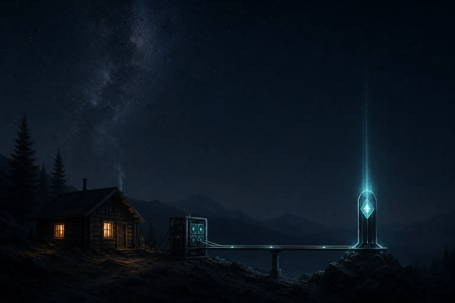 A miner rig connected by a clean bridge to its own glowing node near a cabin under the night sky.