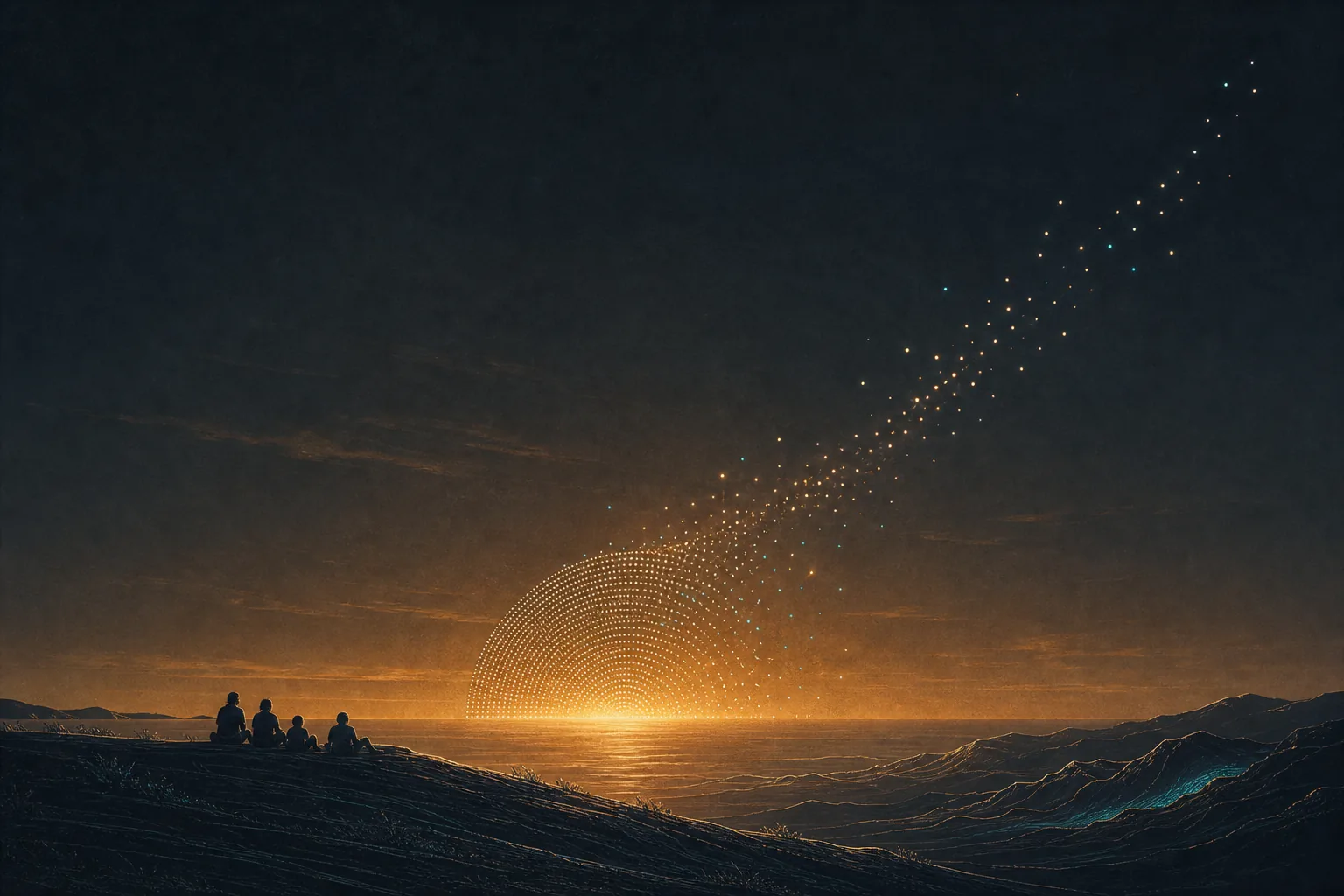 A warm horizon made of small rising points of light.