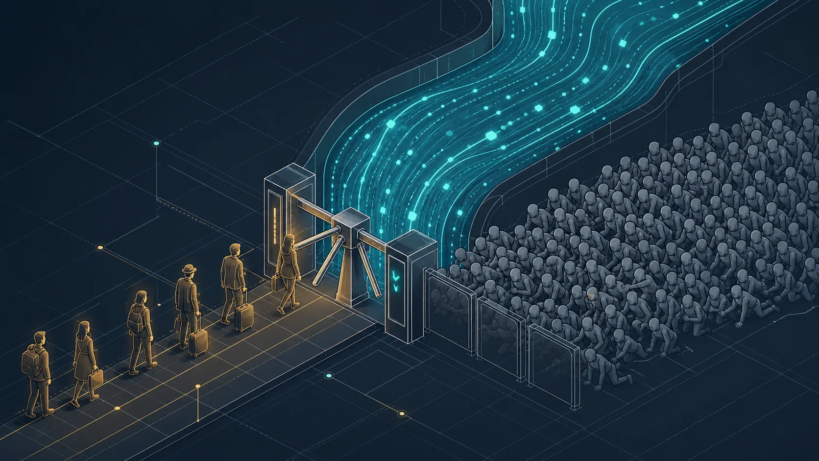 A small toll gate at the mouth of a glowing data river with a crowd held back.