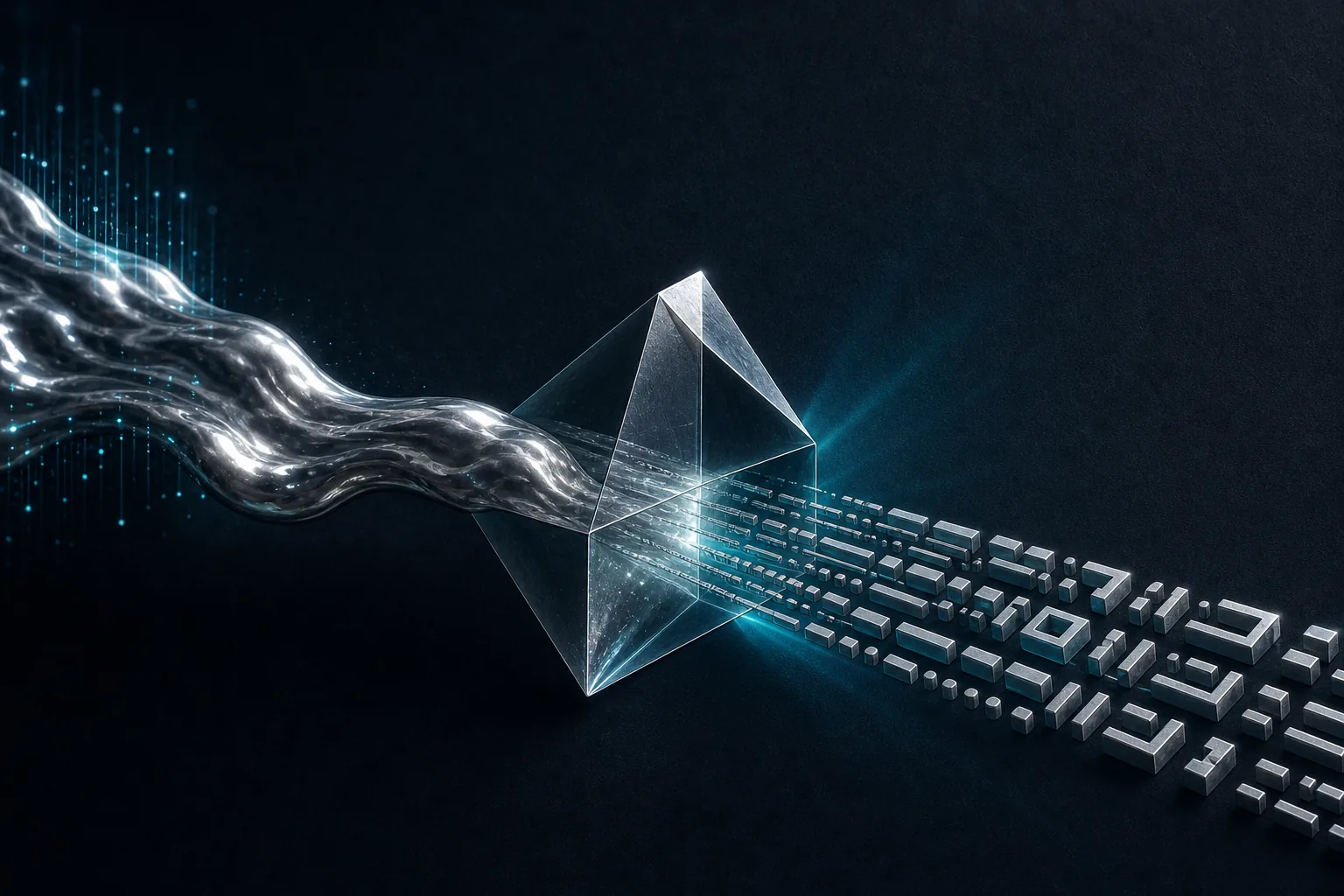 Silver flow passing through a prism and becoming structured machine glyphs.