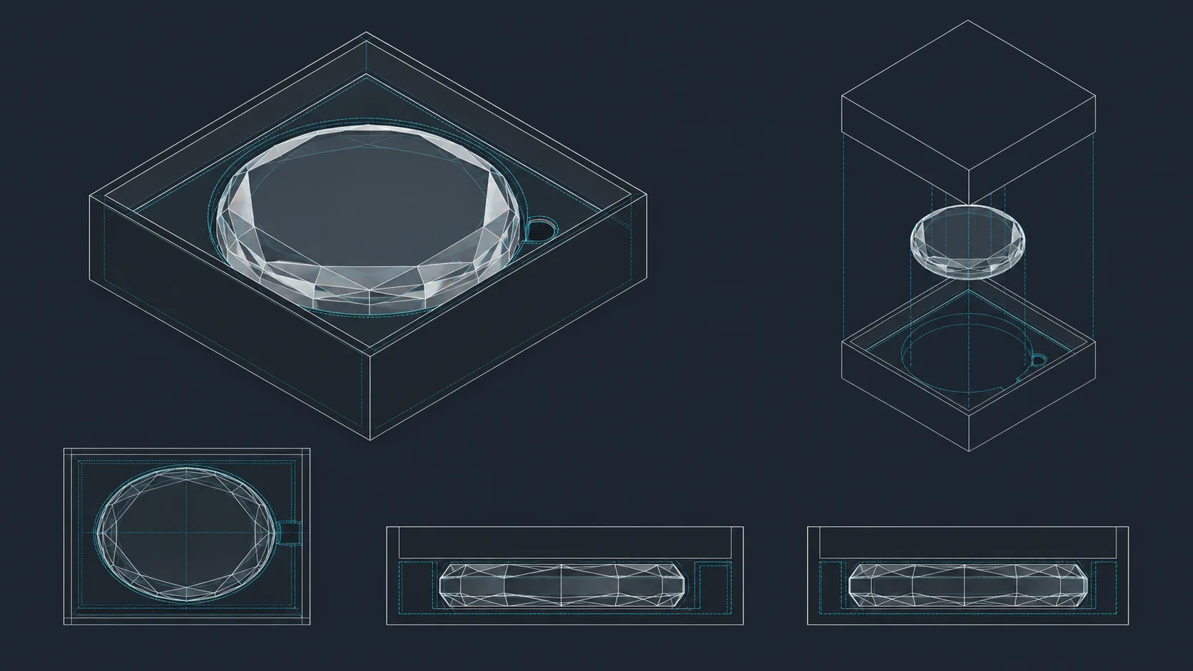 A technical block-shaped container sized around a faceted proof.