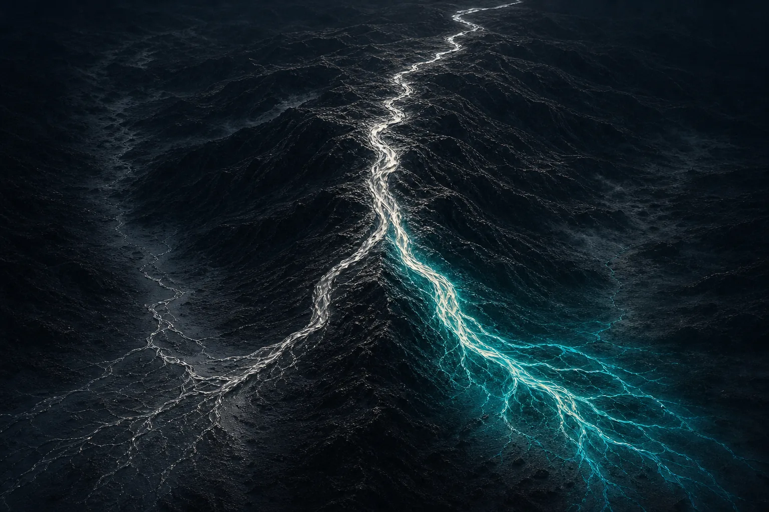 Silver water splitting across a dark ridge into two directions.