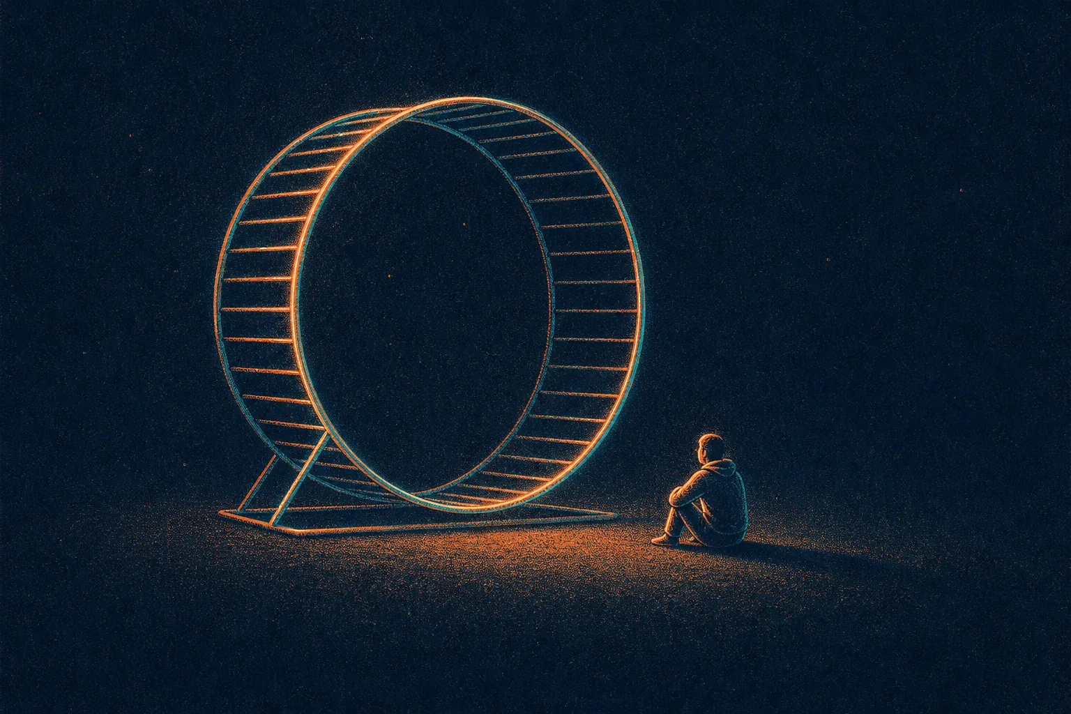 A calm figure sitting beside a thin glowing wheel.