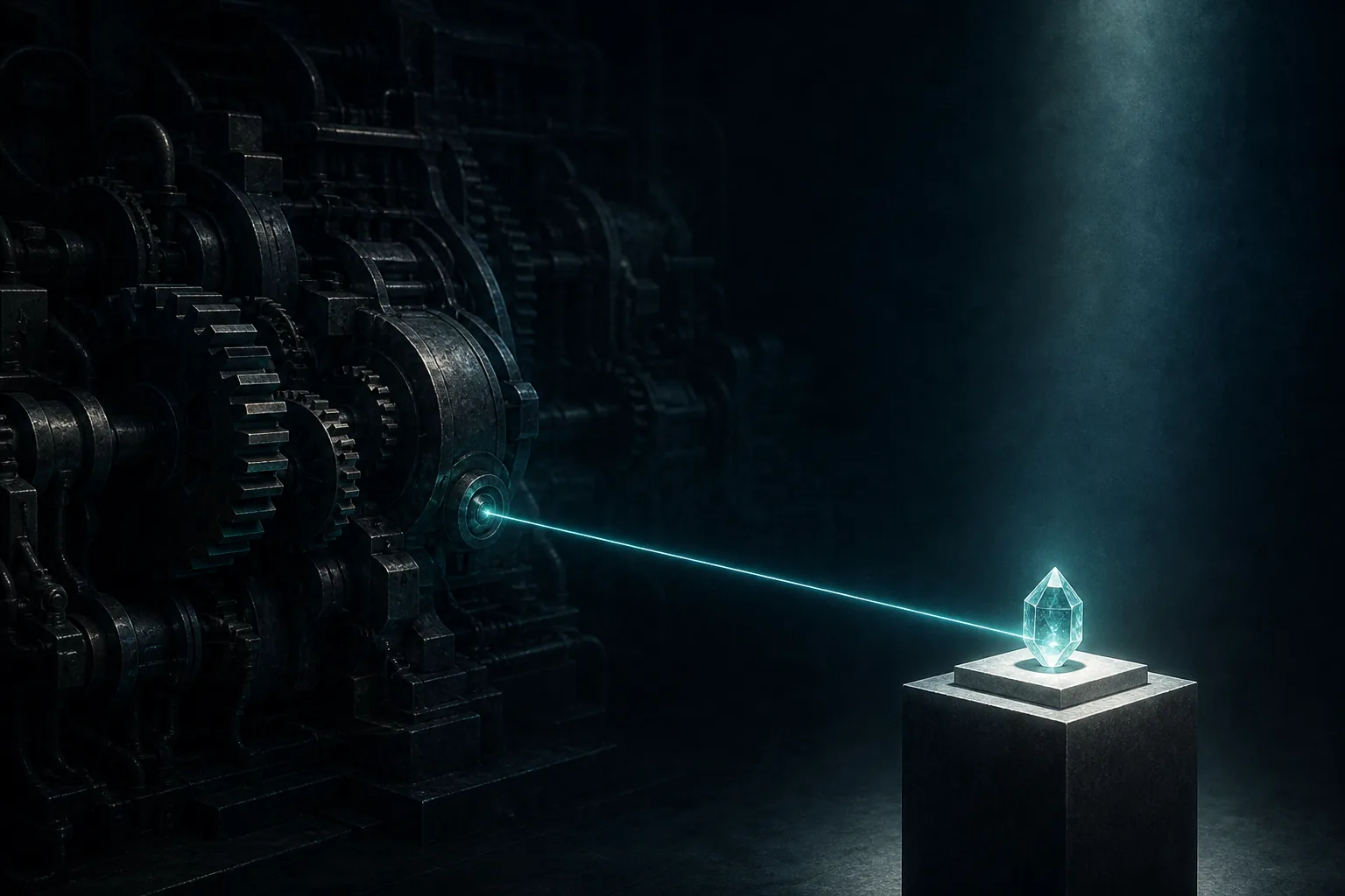 A heavy machine in shadow connected to a small luminous proof seal.