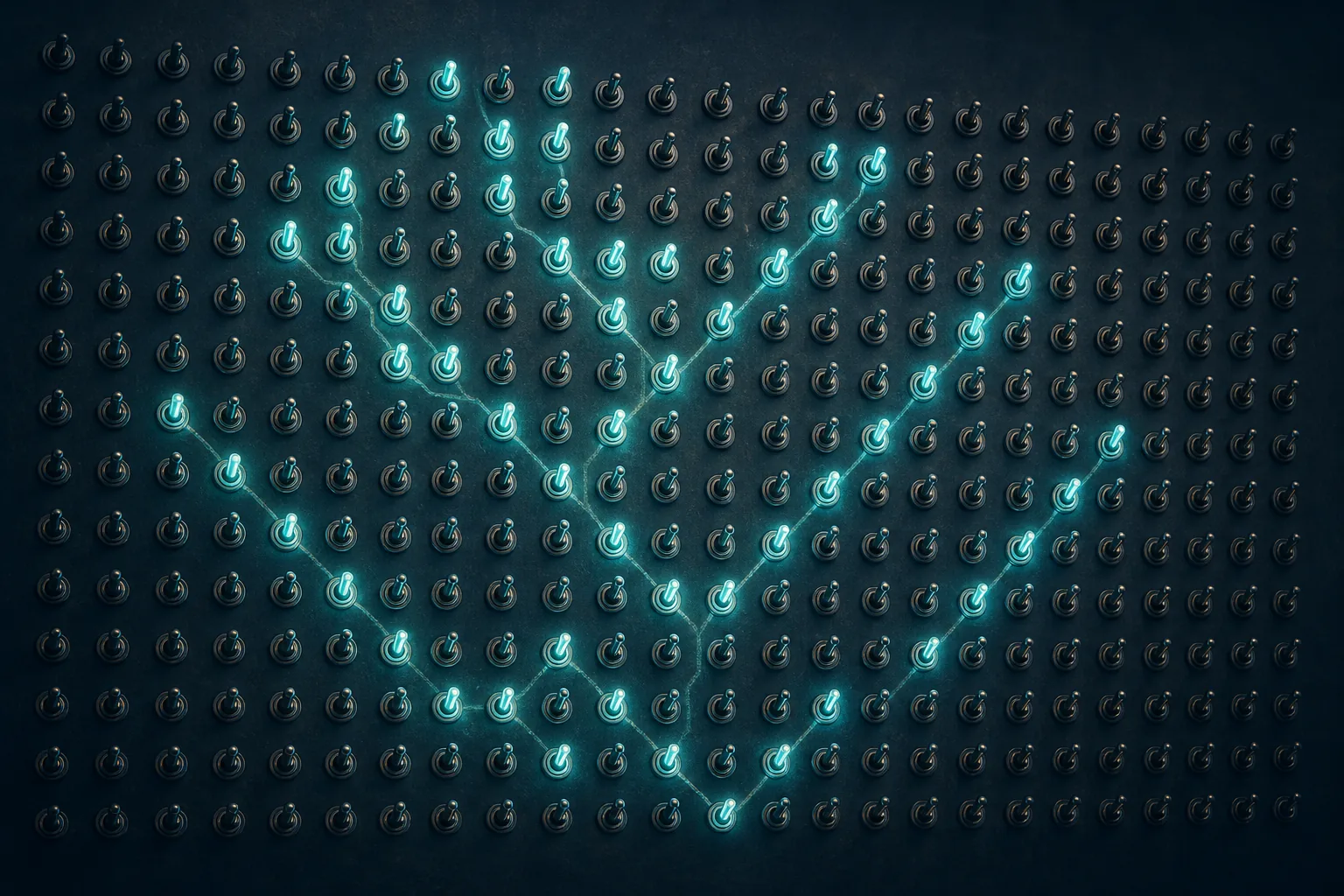 A grid of switches forming an emergent lit pattern.