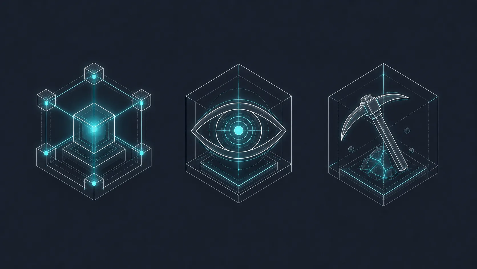 Three technical icons representing a node, verification, and mining.