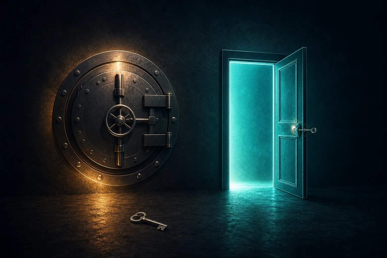 A small key beside a closed amber vault door and an open teal door.