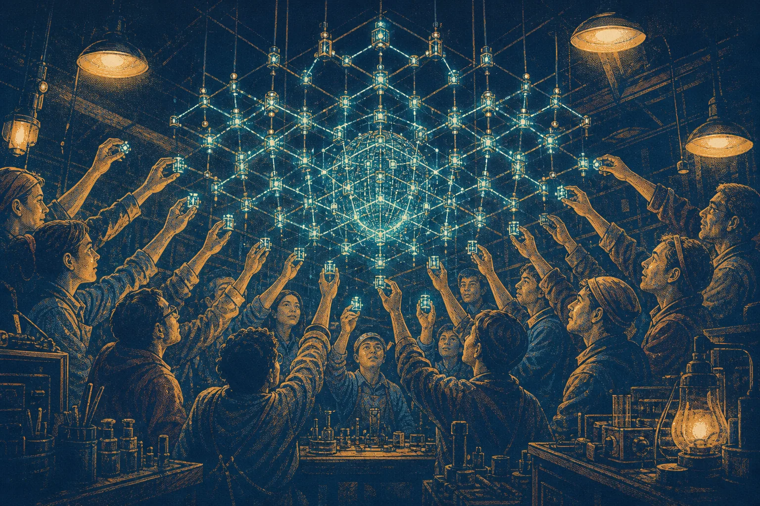 Many hands assembling a luminous structure under warm lamps.
