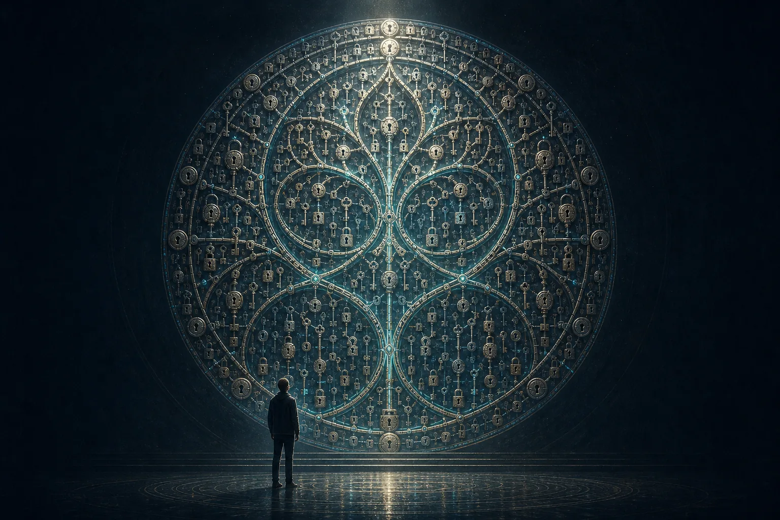 A completed lock-and-key lattice with a small figure stepping back to view it.